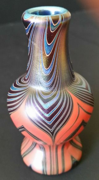 Vintage Lundberg Studios Iridescent Art Glass Mini Vase 1974 Mark Cantor 3 1/8 "