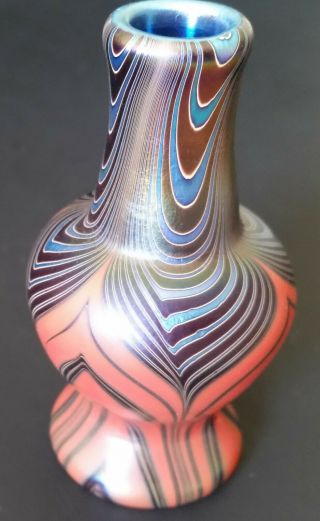 Vintage Lundberg Studios Iridescent Art Glass Mini Vase 1974 Mark Cantor 3 1/8 