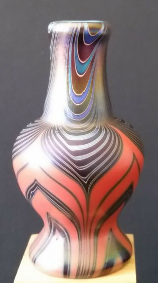 Vintage Lundberg Studios Iridescent Art Glass Mini Vase 1974 Mark Cantor 3 1/8 