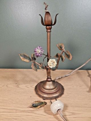 Antique Metal Tole Lamp With Porcelain Flowers For Restorations Or Parts