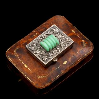 Antique Vintage Art Deco Sterling Silver Chinese Jadeite Jade Pillbox Snuff Box