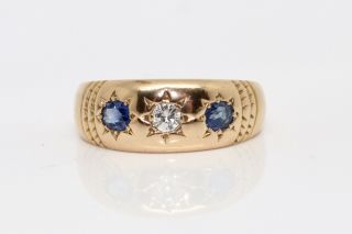 A Pretty Antique Victorian C1892 18ct Gold Diamond & Sapphire 3 Stone Band Ring