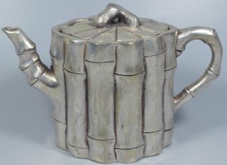 Tibet Old Exorcism Collectable Handwork Miao Silver Carve Bamboo Shape Teapot