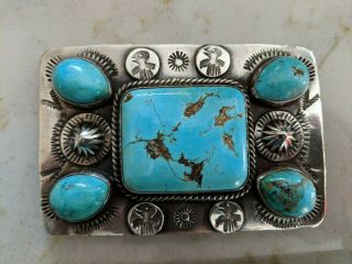 Vintage Native American Navajo Silver And Turquoise Belt Buckle - Stunning