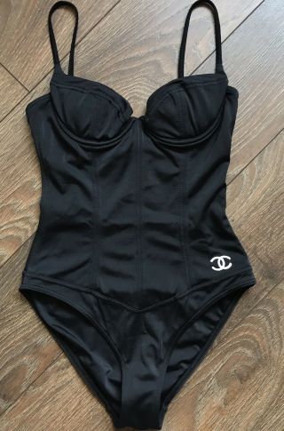 AUTH CHANEL Swimsuit Bodysuit Black CC Logo Bikini 40 (S) Vintage RARE 1995 2