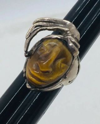 Vintage Mexican Sterling Silver & Tigers Eye Rare Face Ring Size 6