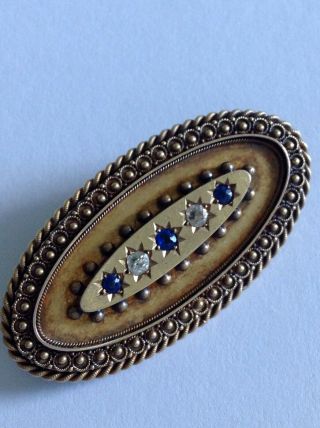 Fine Victorian 15ct Gold Etruscan Sapphire & Diamond Set Oval Brooch