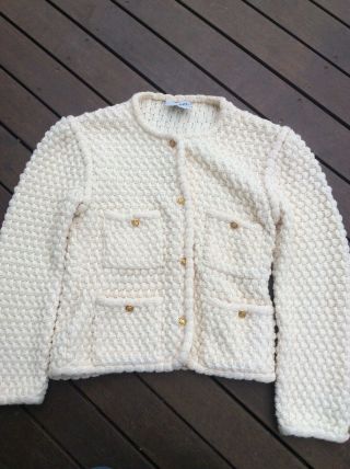 Chanel Vintage Cream Cable Knit Clover Button Jacket Size 40