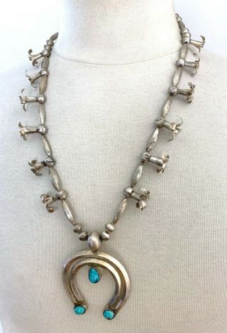 Vtg Sterling Silver Turquoise SQUASH BLOSSOM Necklace NAVAJO old pawn Bench Bead 3