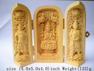 Boxwood Purely Handwork Carved Buddha Prayer Amulet Box Exorcism Statue