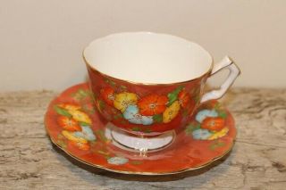 Hand Painted Orange Aynsley Poppy Floral Teacup & Saucer - Bone China - England