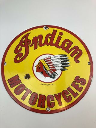 1952 Indian Motorcycle Porcelain Advertising Round Sign Vintage Red / Yellow