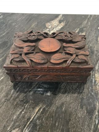 Antique Chinese Wooden Carved Dragon In Relief Jewellery Trinket Storage Box