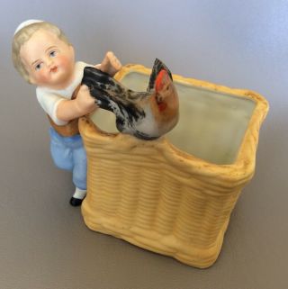 Antique German Bisque Match Holder Striker Boy Catching Hen Chicken Big Basket