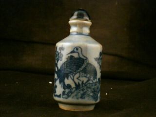 Good Quality 19thc Chinese Blue & White Porcelain Crane Snuff Bottle E007