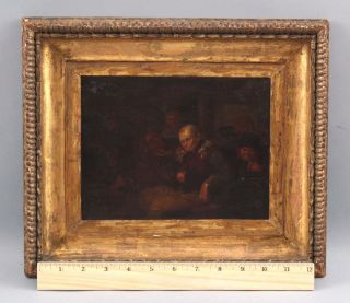 Small 18thc Antique Oil Painting,  Dark Genre Interior Scene,  Man Smoking Pipe Nr