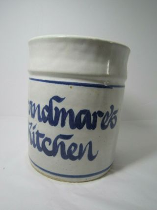 Vintage 8 " Handmade Large White And Blue Pottery Utensil Crock Grandma 