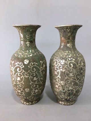 Chinese Antique Warring States Bronze Hand - Made Silver Plating Vase A Pair
