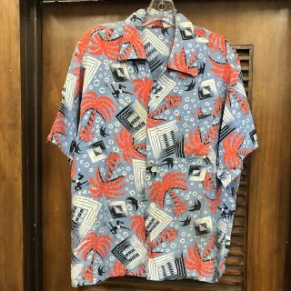 Vintage 1950’s Atomic Fish Palm Tree Loop Collar Rayon Hawaiian Shirt - Ml