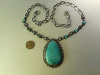 Unusual Fred Harvey Era Silver & Natural Carico Lake Turquoise Necklace