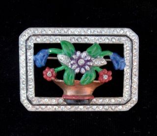 Coro Vintage 1938 Enamel Rhinestone Framed Flower Pot Brooch Pin Rare