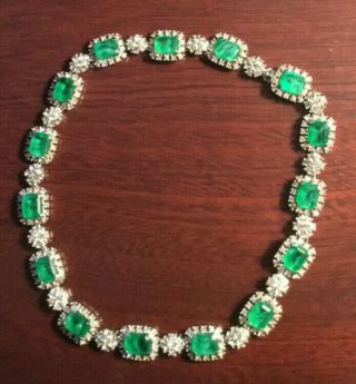 Vintage Ciner Choker Necklace Containing Glass Emeralds & Rhinestone Diamonds