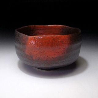 VJ3: Japanese Pottery Tea Bowl,  Mino Ware,  Red & Black Glaze,  WABI SABI 6