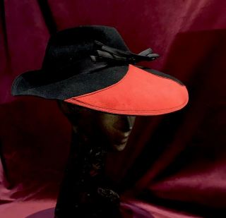 1940’s 40’s Fedora Tilt Hat Black Felt Red Suede Vintage Wide Brim