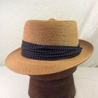 Vintage Tan J.  Press Straw Pork Pie Fedora Hat With Navy Blue Band - - Size 7 1/8