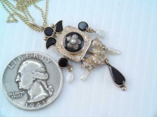 VICTORIAN LG 10K SOLID GOLD BLACK ONYX SEED PEARL LAVALIER PENDANT 14K NECKLACE 7