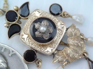 VICTORIAN LG 10K SOLID GOLD BLACK ONYX SEED PEARL LAVALIER PENDANT 14K NECKLACE 8