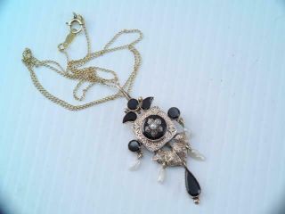 VICTORIAN LG 10K SOLID GOLD BLACK ONYX SEED PEARL LAVALIER PENDANT 14K NECKLACE 9