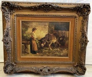 Antique Oil Painting On Canvas With Frame " The Girl And The Donkey " End Of 1800