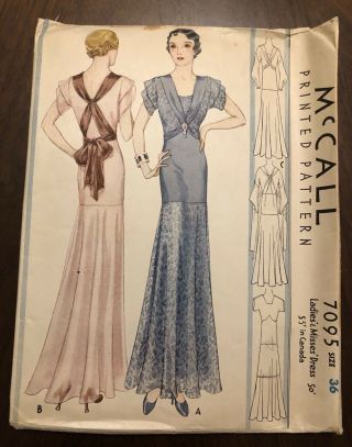 Mccall Printed Pattern 7095 1932 1930s Dress Vintage Sewing Size 36 30s