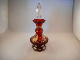 Vintage Or Antique Victorian Ruby Or Red Glass Perfume Bottle,  Handpainted,  Gold
