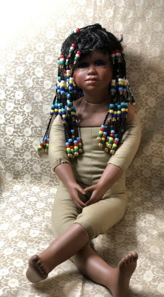 Vintage Reborn Toddler 30 " Girl African American Indian Beaded Hair Violet Eyes