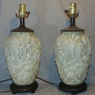 Antique Embossed Cased Glass Dogwood Flower Electric Table Lamps Consolidated