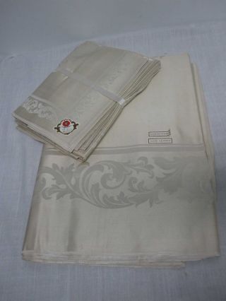 Vtg Creamy Ivory Irish Linen Damask Tablecloth 72 " X 92 " W 8 Jumbo 22 " Napkins