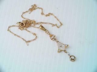 Antique Victorian Solid 14k Gold Diamond & Seed Pearl Lavalier Pendant Necklace