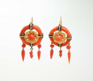 Fine Antique Pair 19c Victorian 18k Gold Coral Enamel Pair Dangle Earrings
