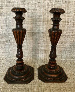 Pair Antique English Carved Wood Candlesticks Candle Holder