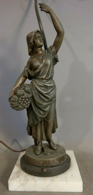 Ca.  1910 Antique Edwardian Winery Lamp Old Bronzed Lady & Basket Of Grapes Statue