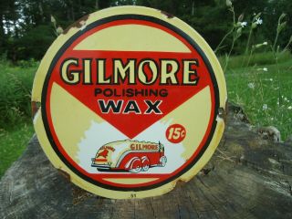 Old Vintage 1951 Gilmore Polishing Wax 15 Cents Porcelain Enamel Gas Pump Sign