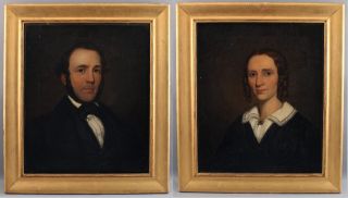 Pair 19thc Antique American Portrait Oil Paintings Husband & Wife,  Gilded Frames
