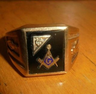 Vintage 10k Ring Masonic Scottish Rite Square & Compass Diamond Heavy 11