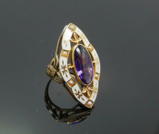 Antique Victorian Solid Gold Amethyst Enamel Seed Pearl Large Ornate Ring