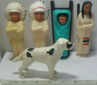 Vintage Celluloid Native American Indian Figures.  Woman,  Chiefs,  Papoose & Dog.