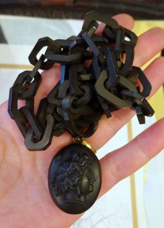 Antique Victorian Vulcanite Mourning Chain Necklace With Cameo Locket