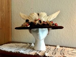 Antique Edwardian Hat Large Wide Brim Fur Felt Dove Wings Millinery Roses