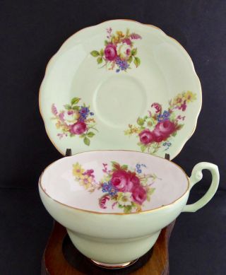 Eb Foley Tea Cup Saucer 32014 Floral Scalloped Wide Green Gold England Vintage